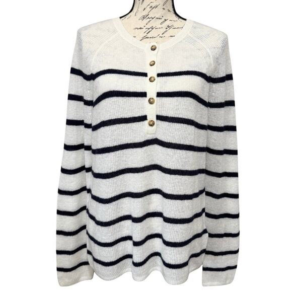 VINEYARD VINES Ribbed Henley Sweater Women’s M Ivory Navy Merino Wool Alpaca NEW - Picture 1 of 11